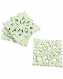 Home Essentials 4in Set Of 4 Carve Scroll Sage Wd Coaster Serveware