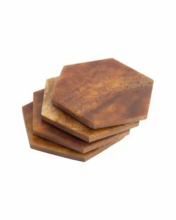 Home Essentials Set Of 4 4in Hex Brown Mottled Coaster Serveware