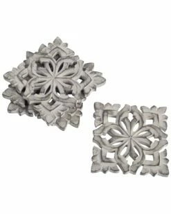 Home Essentials 4in Set Of 4 Carve Scroll Grey Wood Coaster Serveware