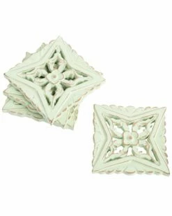 Home Essentials 4in Set Of 4 Carve Burst Sage Wd Coaster Serveware